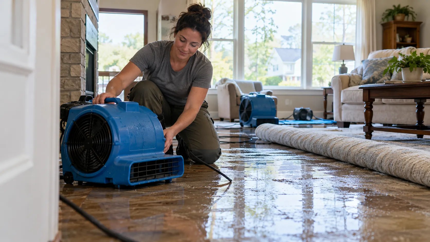 Water damage restoration technician drying a flooded living room in Allentown